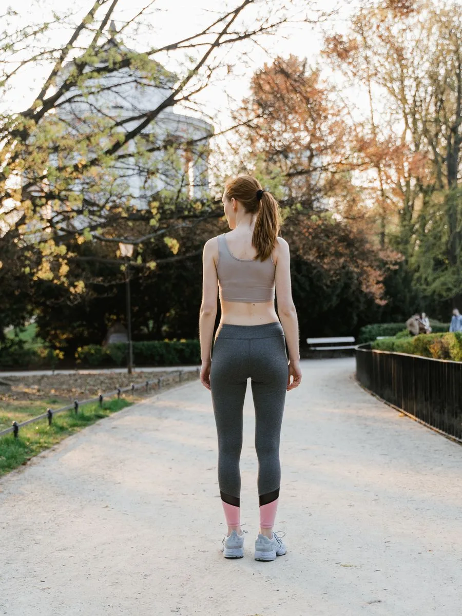 Woman in activewear walking along a sunny park path